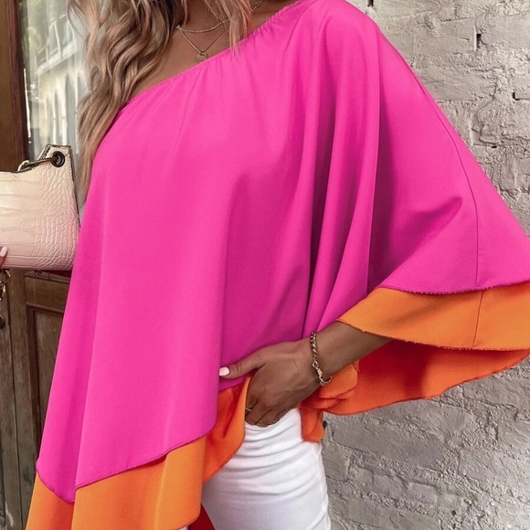 Womens One Shoulder Hi Lo Colorblock Blouse in Magenta Combo in Various NWT - Picture 2 of 6
